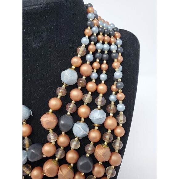 VINTAGE JAPAN SIX STRAND BEADED NECKLACE COPPER BRONZE BROWN BLUE HOOK CLOSURE - Picture 4 of 12